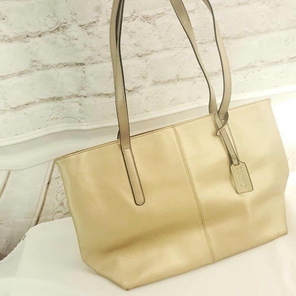 Nawo Womens Gold Leather Double Handles Shimmer Background Bag Charm Tote Bag